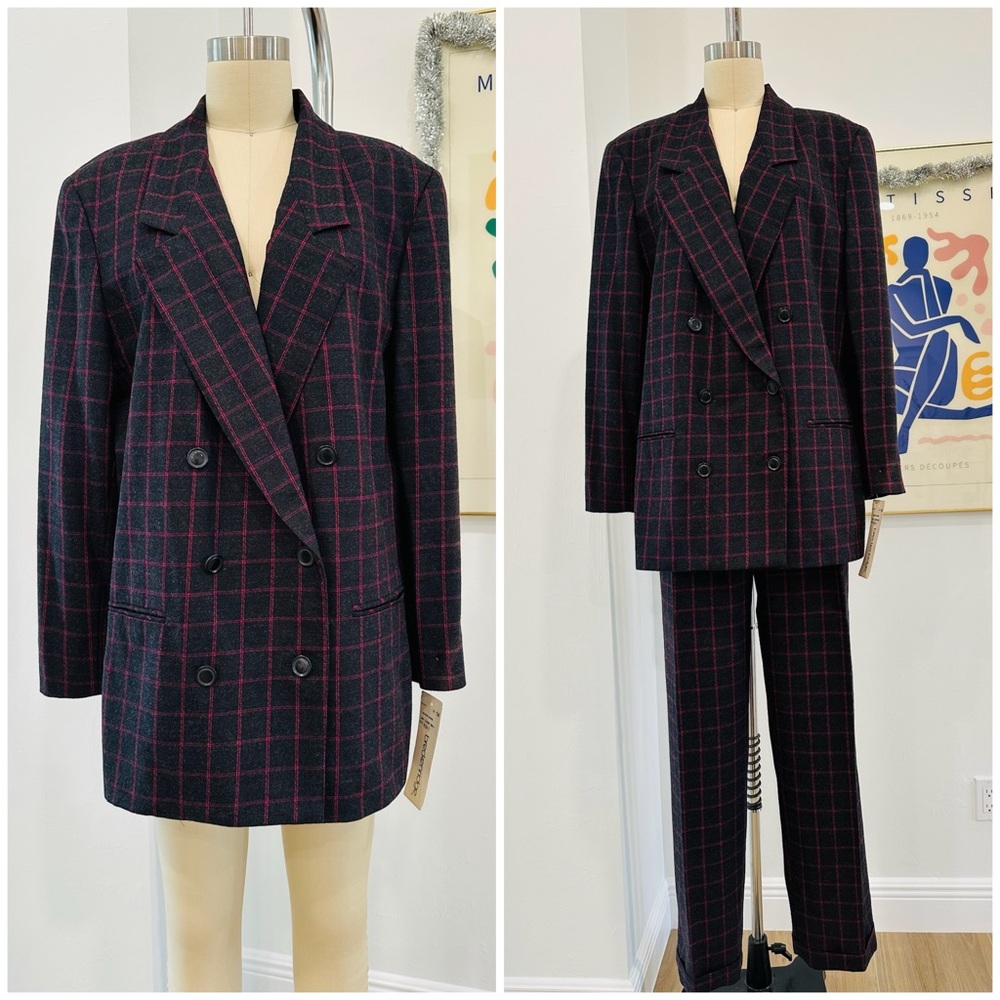 Vintage Breckenridge Black and Fuchsia Plaid Suit